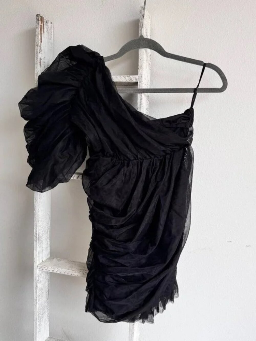 Black One-Shoulder Ruched Organza Mini Dress | Size S